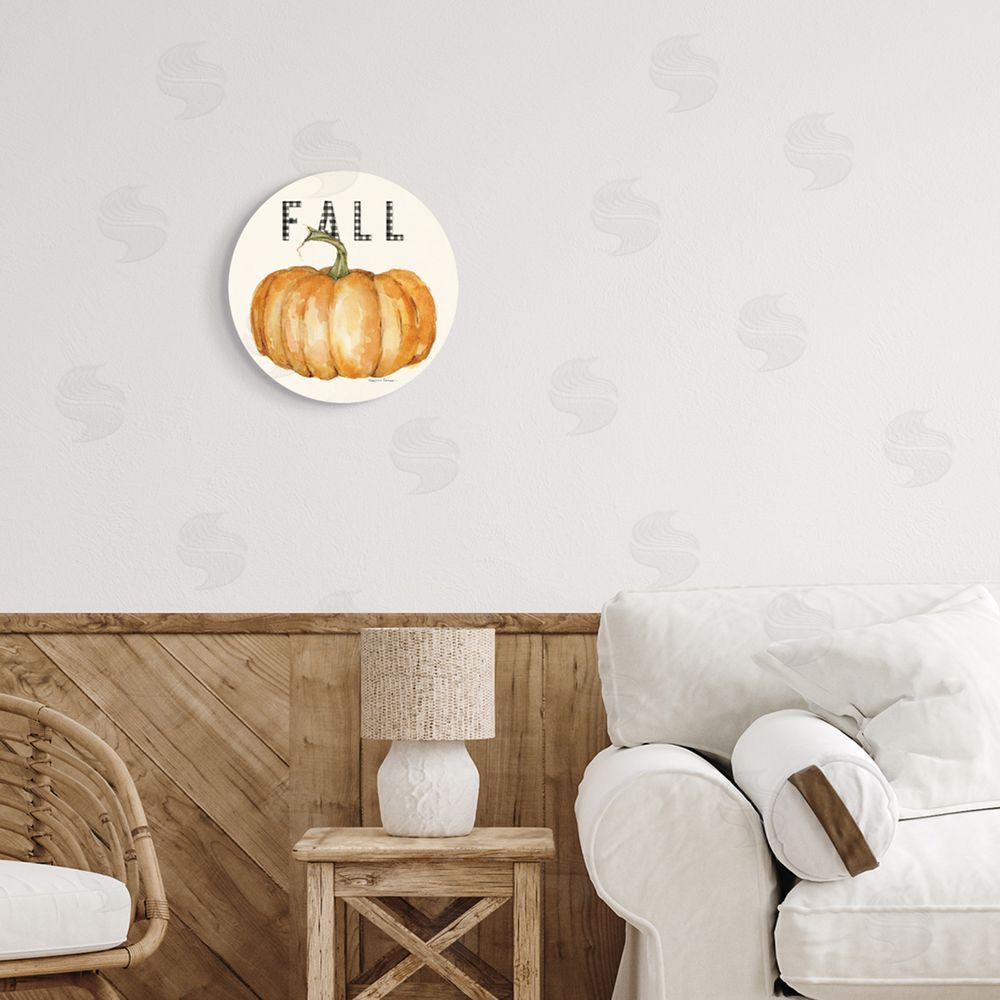 Stephanie Workman Marrott Fall Pumpkin Farm Plaid Typography Autumn Gourd Round Wall Plaque Art Print in Room
