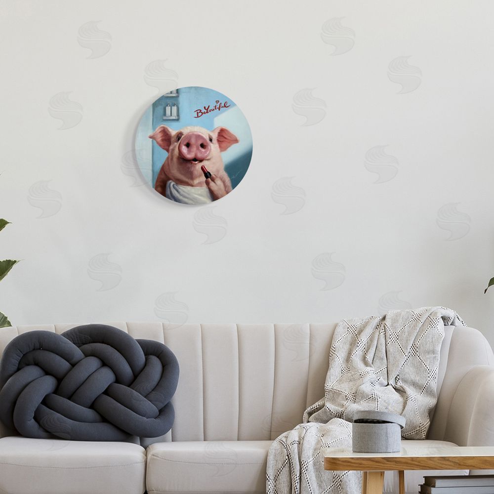Lucia Heffernan Be-You-Tiful Pink Pig in Towel Lipstick Big Snout Round Wall Plaque Art Print in Room