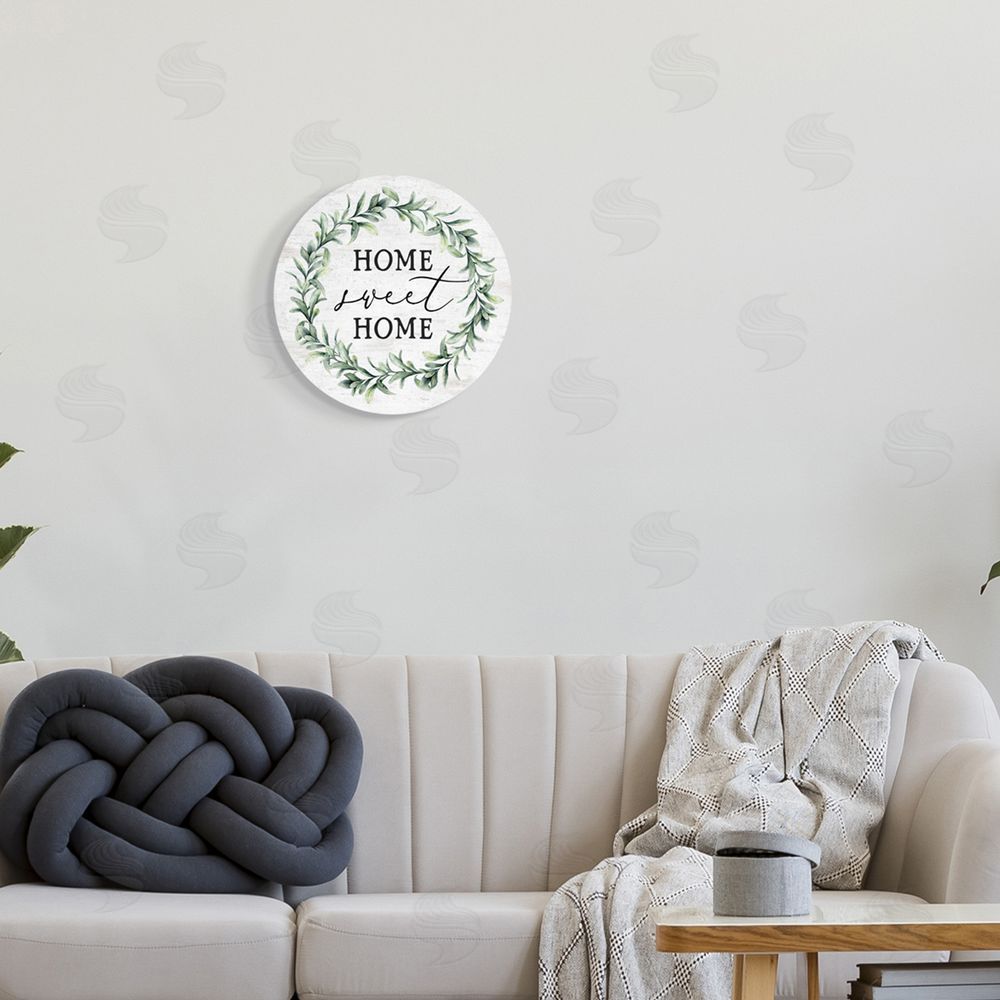 Lettered and Lined Home Sweet Home Sentiment Green Botanical Farmhouse Wreath Round Wall Plaque Art Print in Room
