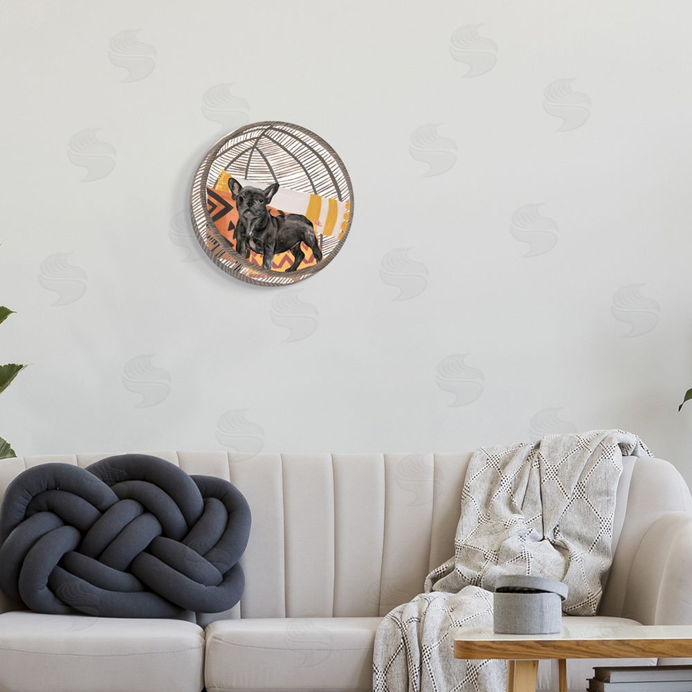Melissa Wang Puppy Dog Woven Chair Boho Pet Painting Round Wall Plaque Art Print in Room