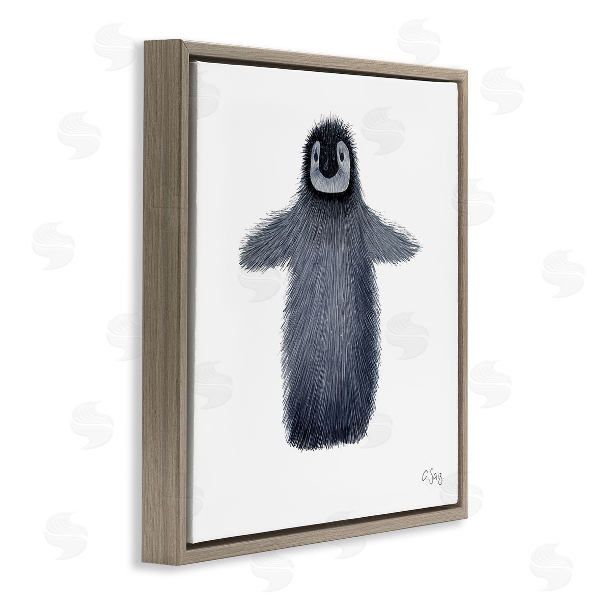 Ale Saiz Studio Adorable Baby Penguin Bird Arctic Animal Illustration Brown Floating Frame Canvas Wall Art Print