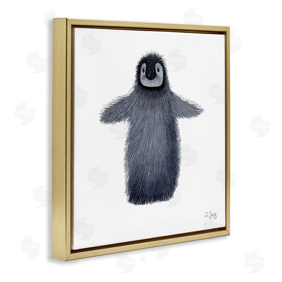 Ale Saiz Studio Adorable Baby Penguin Bird Arctic Animal Illustration Gold Floating Frame Canvas Wall Art Print