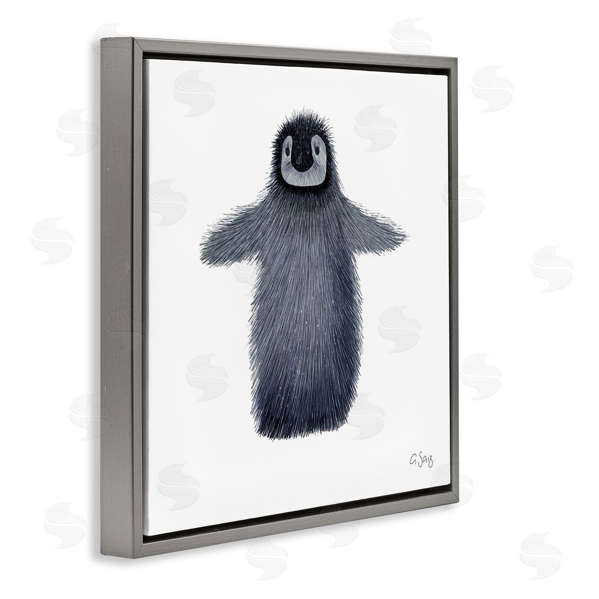 Ale Saiz Studio Adorable Baby Penguin Bird Arctic Animal Illustration Gray Floating Frame Canvas Wall Art Print