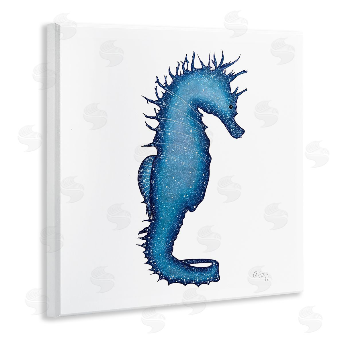 Ale Saiz Studio Saturated Seahorse Blue Speckled Stars Sea Life Wooden Wall Plaque Art Print