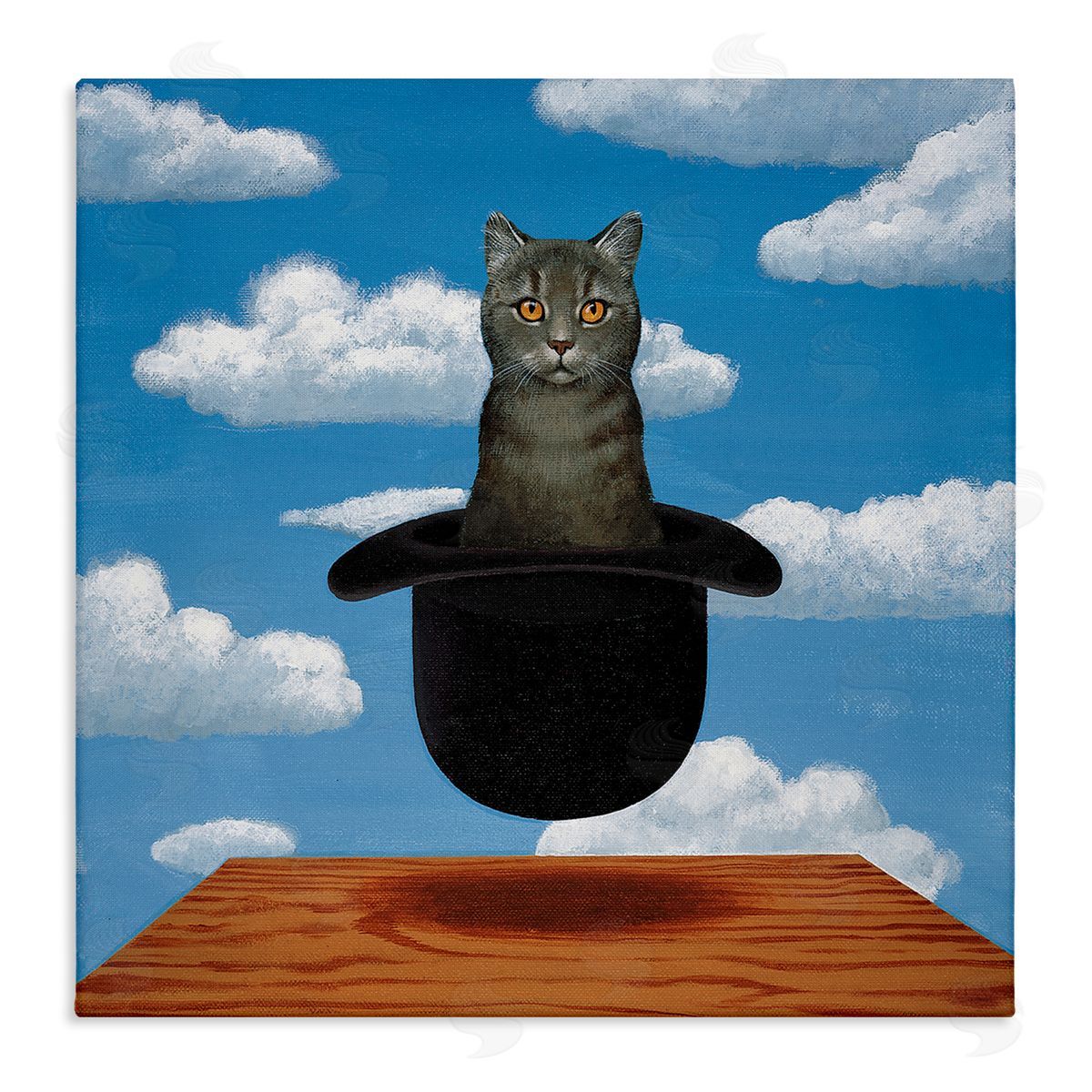 Chameleon Design Inc. Surreal Grey Cat Floating Hat Cloudy Sky  Stretched Canvas Wall Art Print
