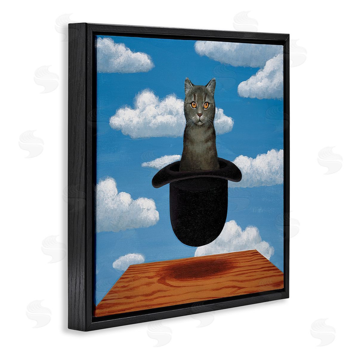 Chameleon Design Inc. Surreal Grey Cat Floating Hat Cloudy Sky  Black Floating Frame Canvas Wall Art Print