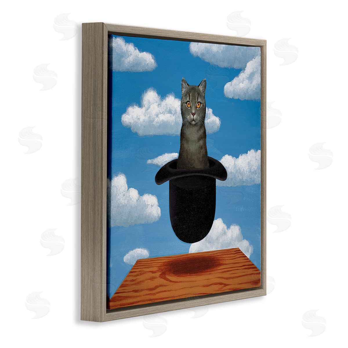 Chameleon Design Inc. Surreal Grey Cat Floating Hat Cloudy Sky  Brown Floating Frame Canvas Wall Art Print