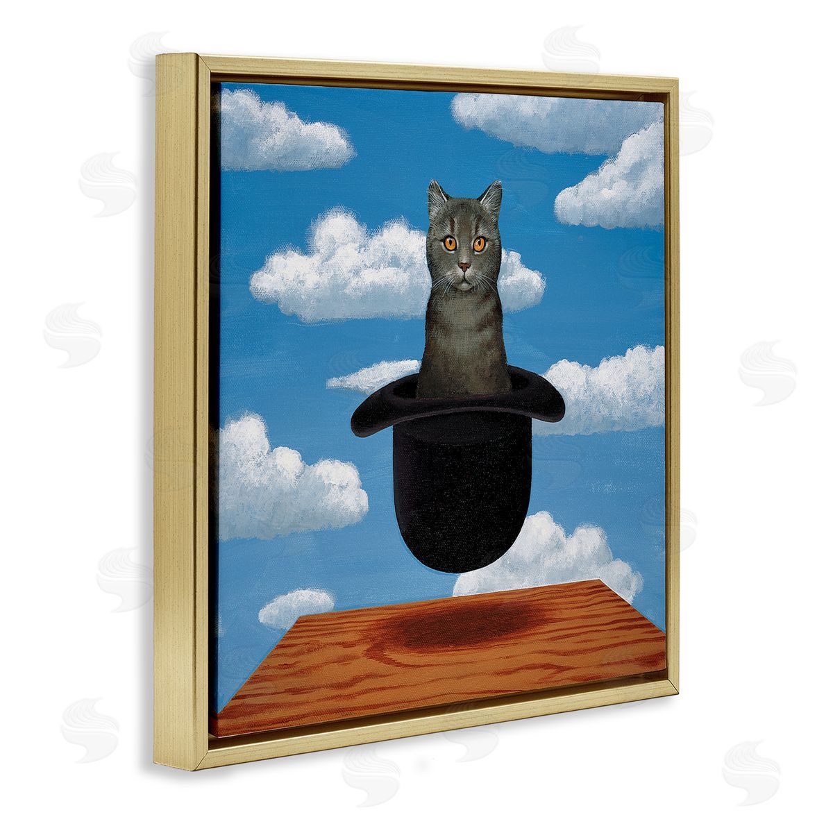 Chameleon Design Inc. Surreal Grey Cat Floating Hat Cloudy Sky  Gold Floating Frame Canvas Wall Art Print