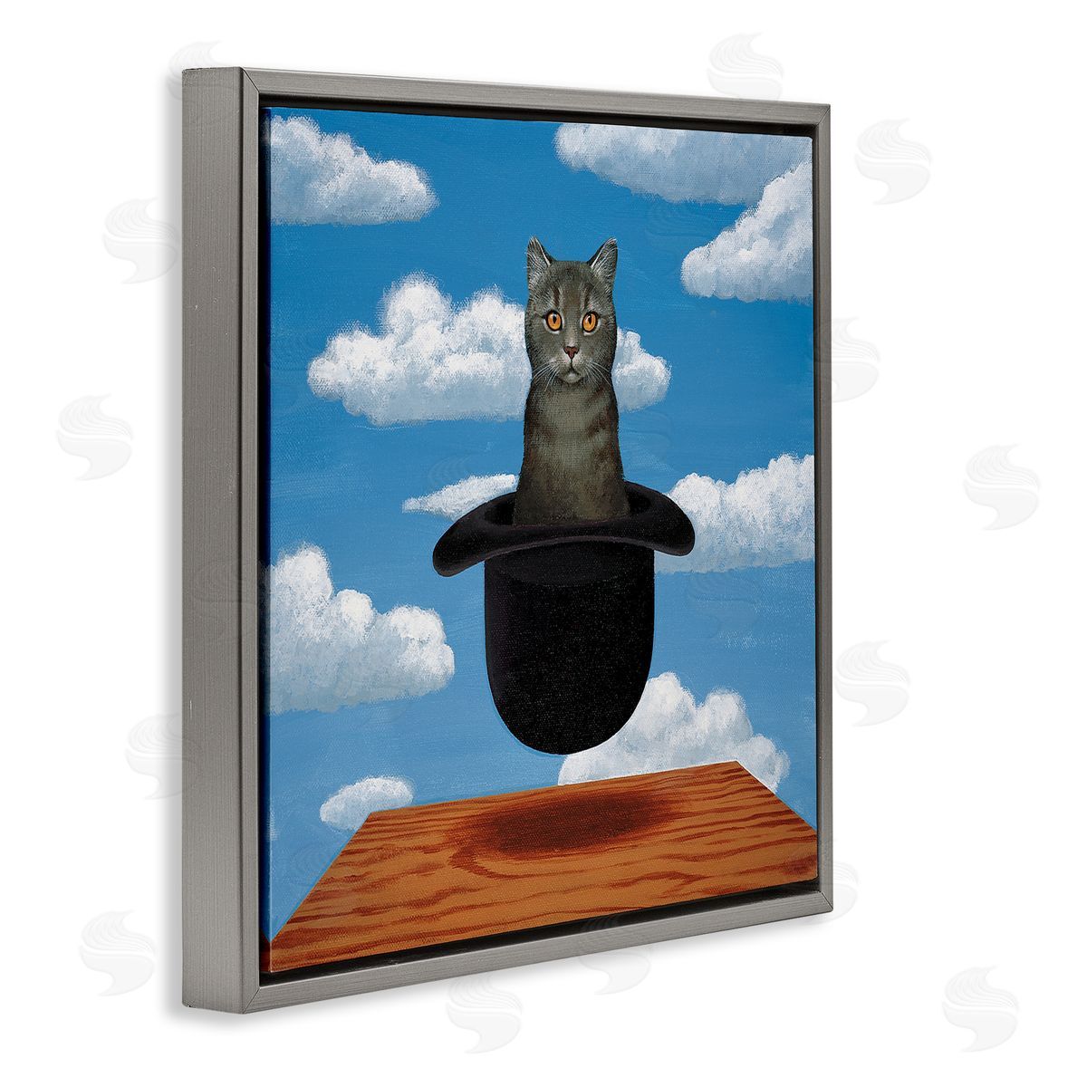 Chameleon Design Inc. Surreal Grey Cat Floating Hat Cloudy Sky  Gray Floating Frame Canvas Wall Art Print