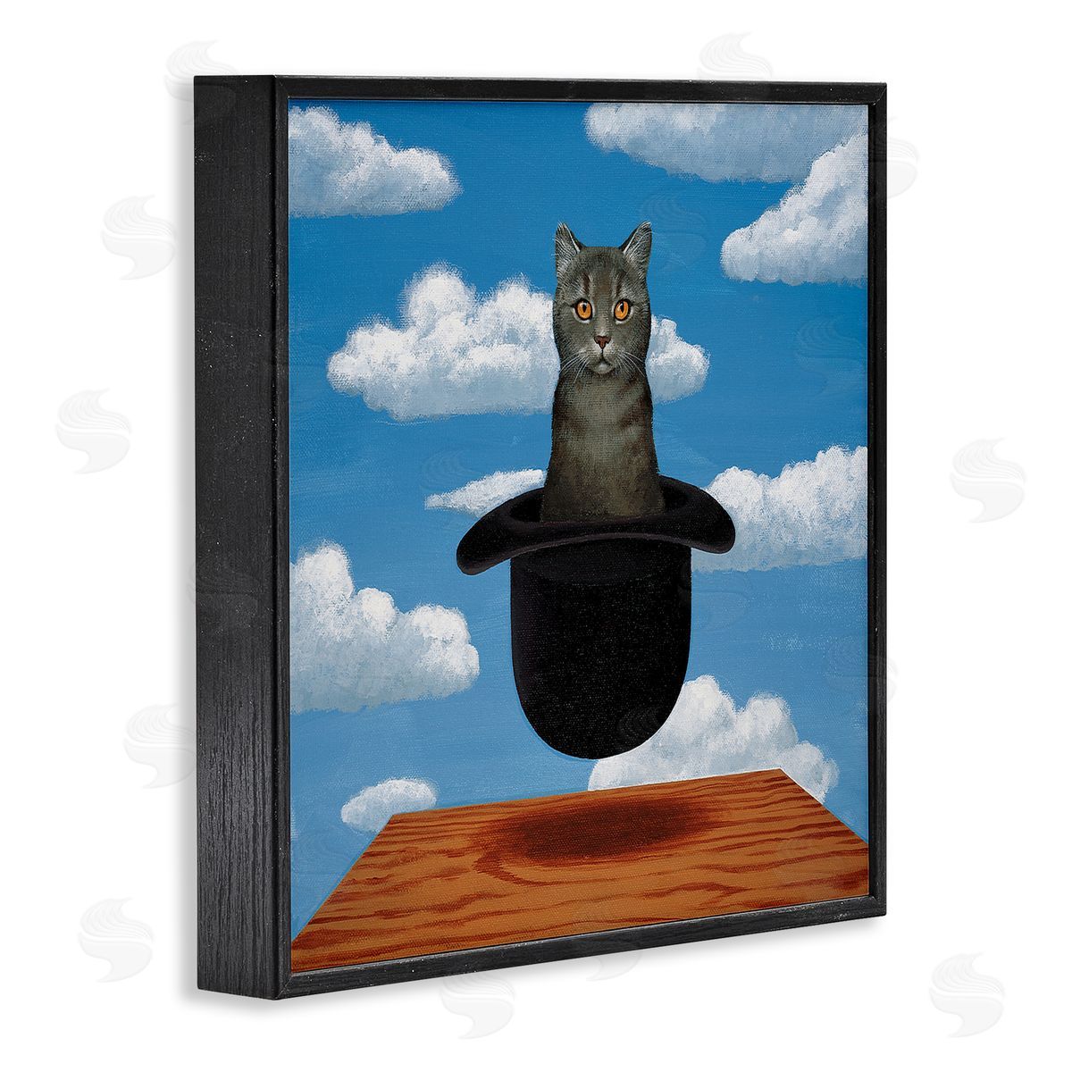 Chameleon Design Inc. Surreal Grey Cat Floating Hat Cloudy Sky  Black Framed Glicee Wall Art Print