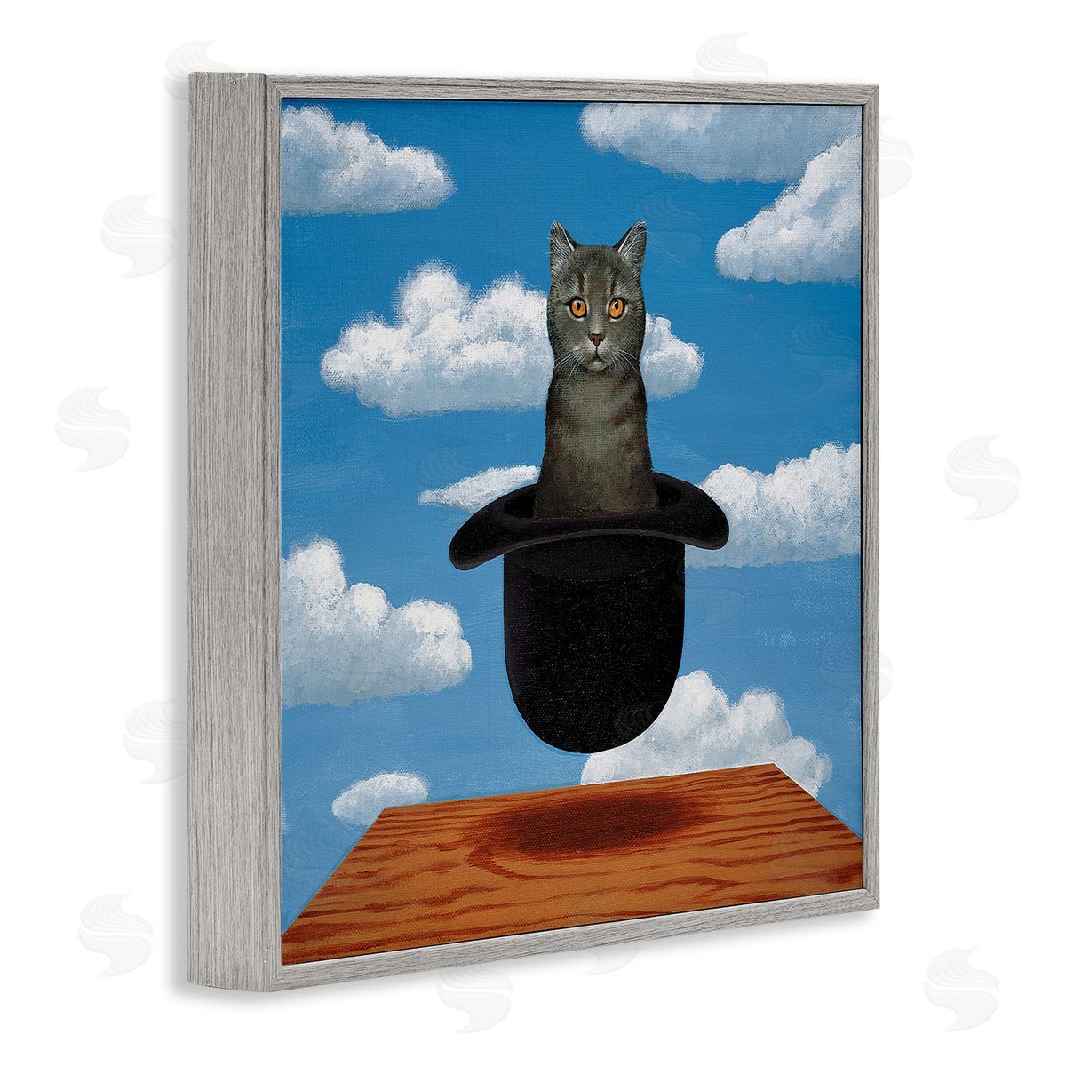 Chameleon Design Inc. Surreal Grey Cat Floating Hat Cloudy Sky  Gray Framed Glicee Wall Art Print