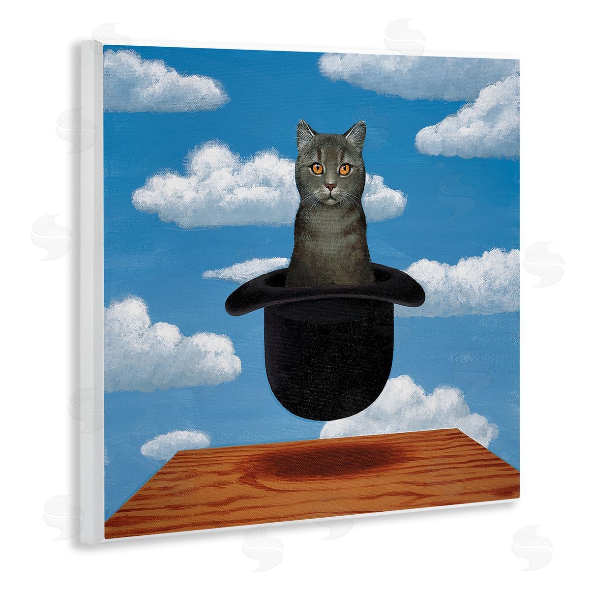 Chameleon Design Inc. Surreal Grey Cat Floating Hat Cloudy Sky  Wooden Wall Plaque Art Print