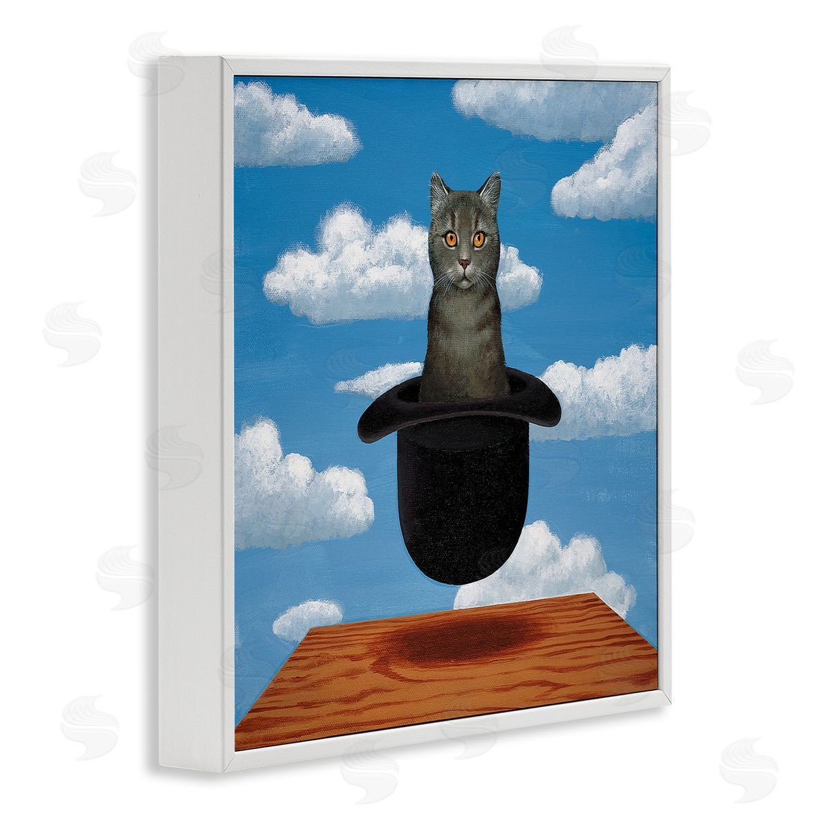 Chameleon Design Inc. Surreal Grey Cat Floating Hat Cloudy Sky  White Framed Glicee Wall Art Print