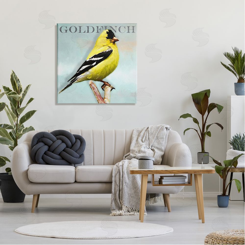 Alpenglow Workshop Yellow Goldfinch Bird Portrait Rustic Text Typography Canvas Wall Art in Room