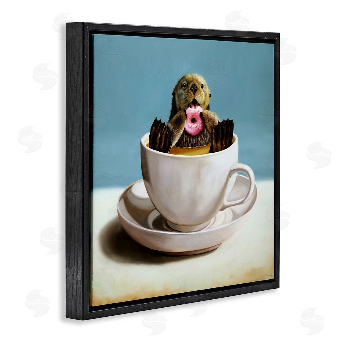 Lucia Heffernan Cute Seal Pink Donut Floating Coffee Tea Cup Black Floating Frame Canvas Wall Art Print