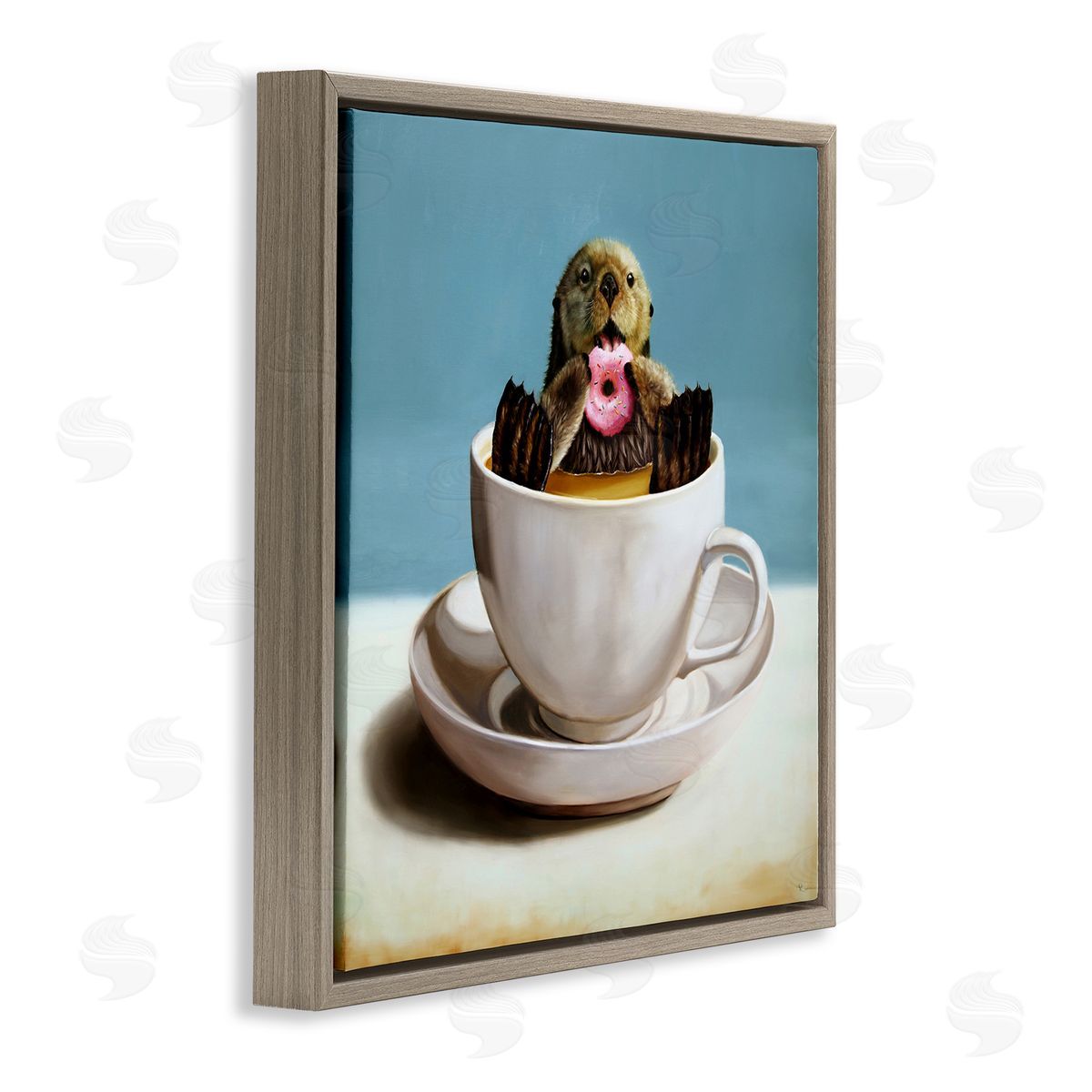 Lucia Heffernan Cute Seal Pink Donut Floating Coffee Tea Cup Brown Floating Frame Canvas Wall Art Print