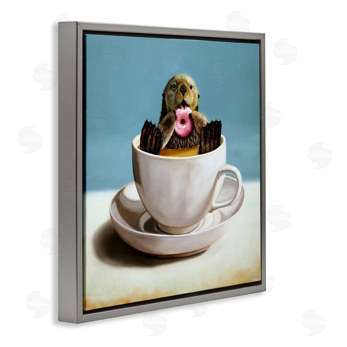 Lucia Heffernan Cute Seal Pink Donut Floating Coffee Tea Cup Gray Floating Frame Canvas Wall Art Print