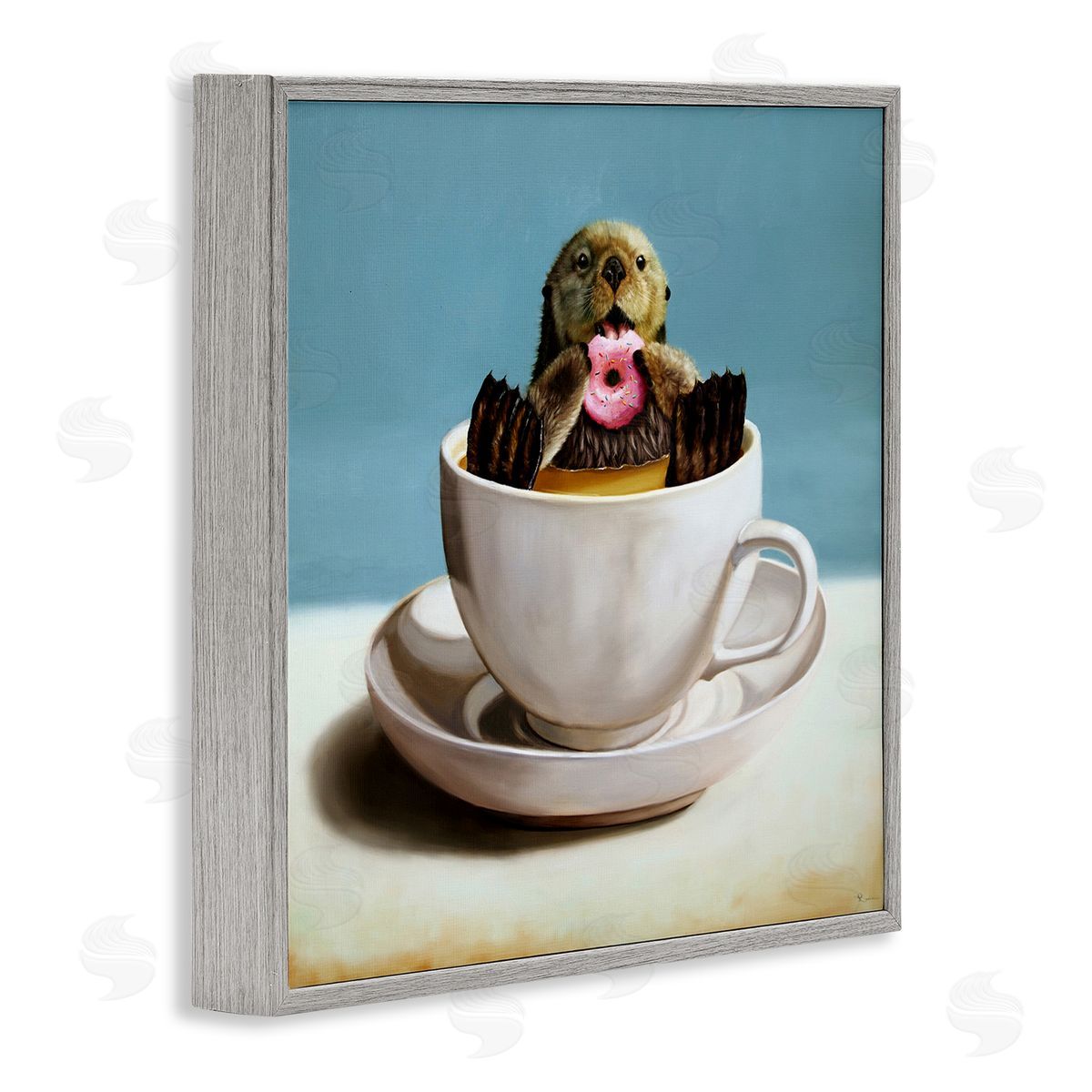 Lucia Heffernan Cute Seal Pink Donut Floating Coffee Tea Cup Gray Framed Glicee Wall Art Print