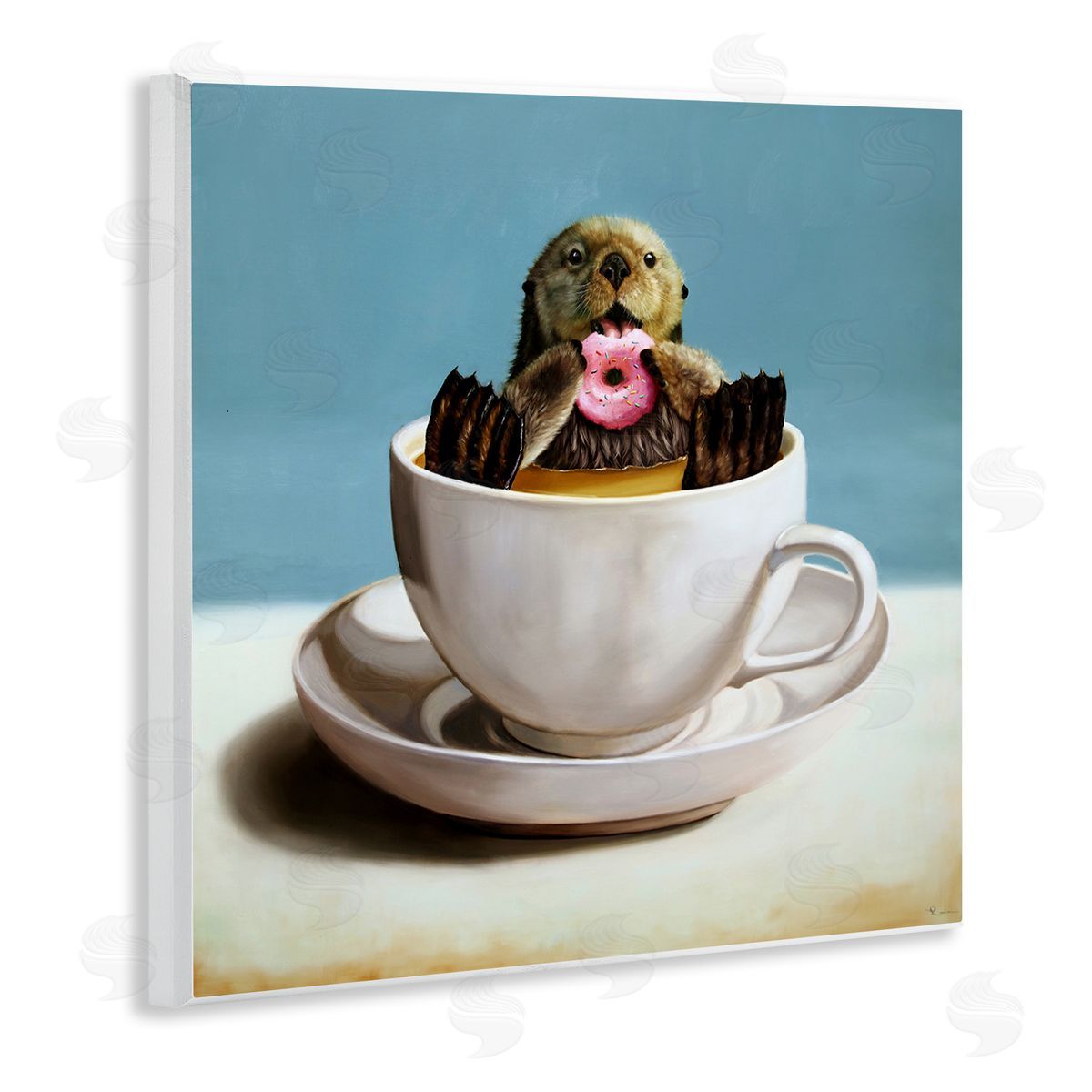 Lucia Heffernan Cute Seal Pink Donut Floating Coffee Tea Cup Wooden Wall Plaque Art Print
