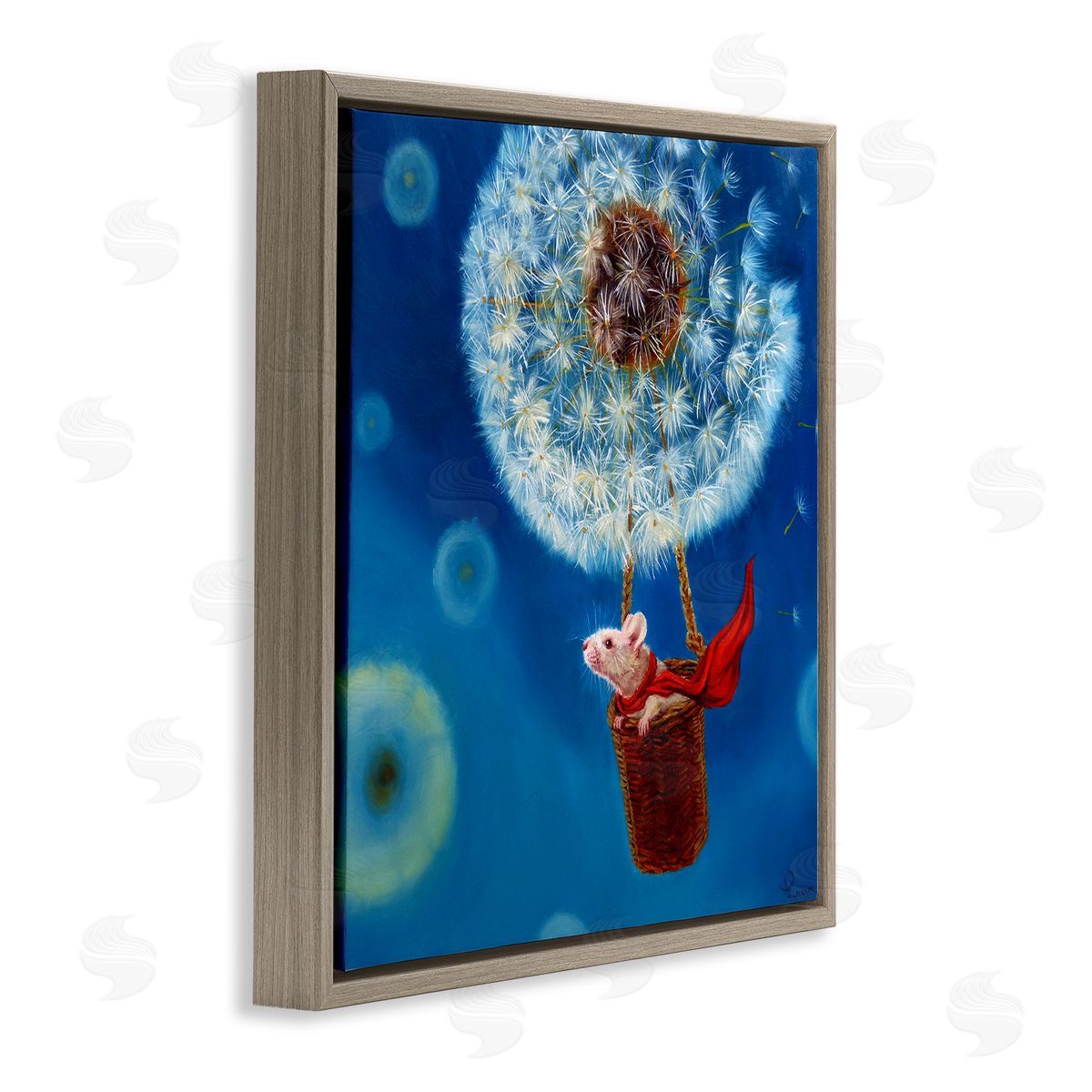Dandelion Hot Air Balloon Mouse Brown Floating Frame Canvas Wall Art, Home Decor by Lucia Heffernan