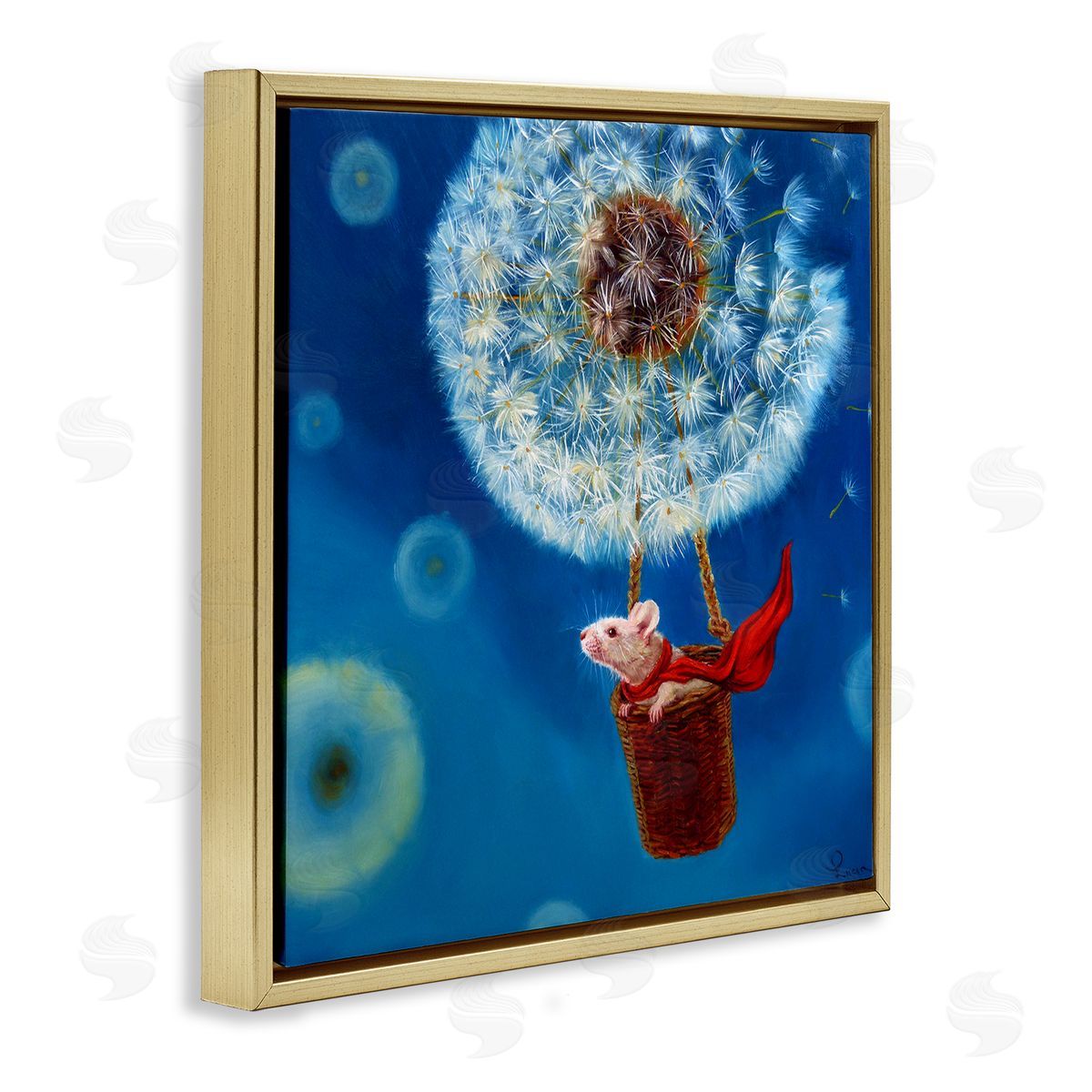 Dandelion Hot Air Balloon Mouse Gold Floating Frame Canvas Wall Art, Home Decor by Lucia Heffernan