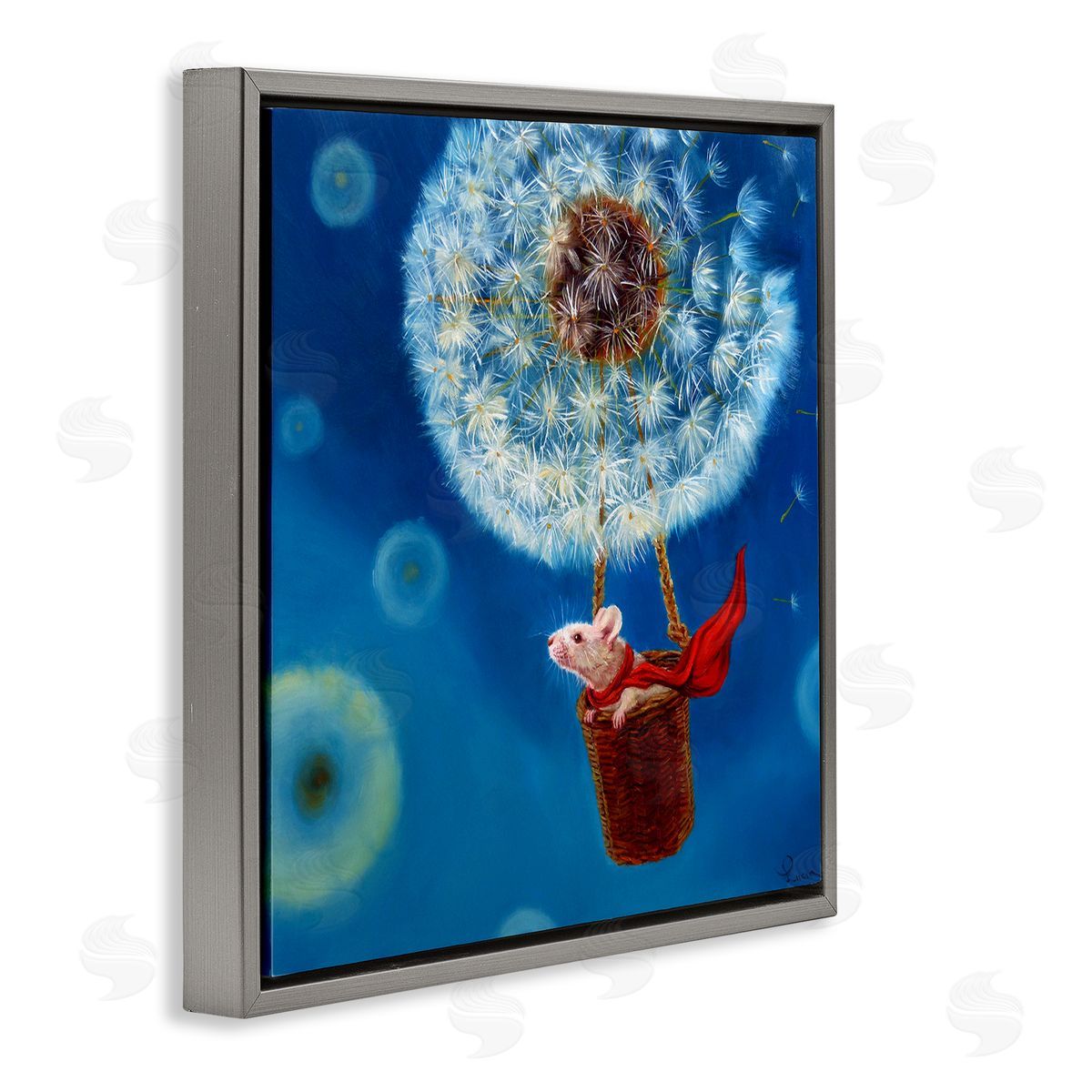 Dandelion Hot Air Balloon Mouse Grey Floating Frame Canvas Wall Art, Home Decor by Lucia Heffernan