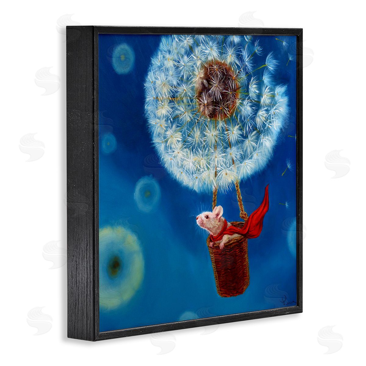 Dandelion Hot Air Balloon Mouse Black Frame Print Wall Art, Home Decor by Lucia Heffernan
