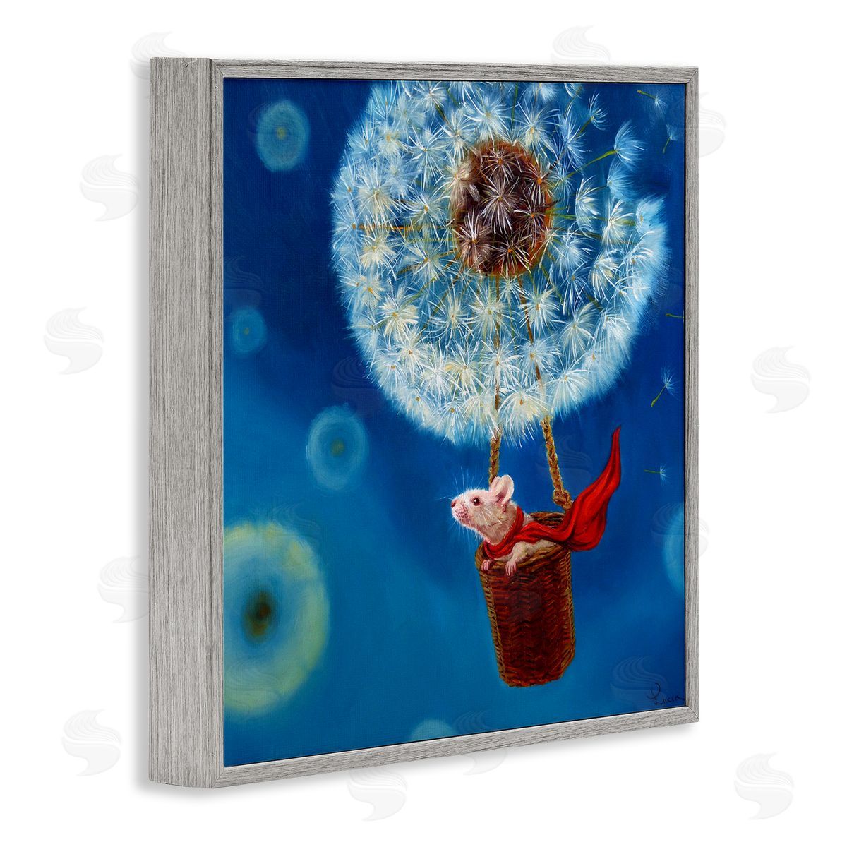 Dandelion Hot Air Balloon Mouse Grey Frame Print Wall Art, Home Decor by Lucia Heffernan