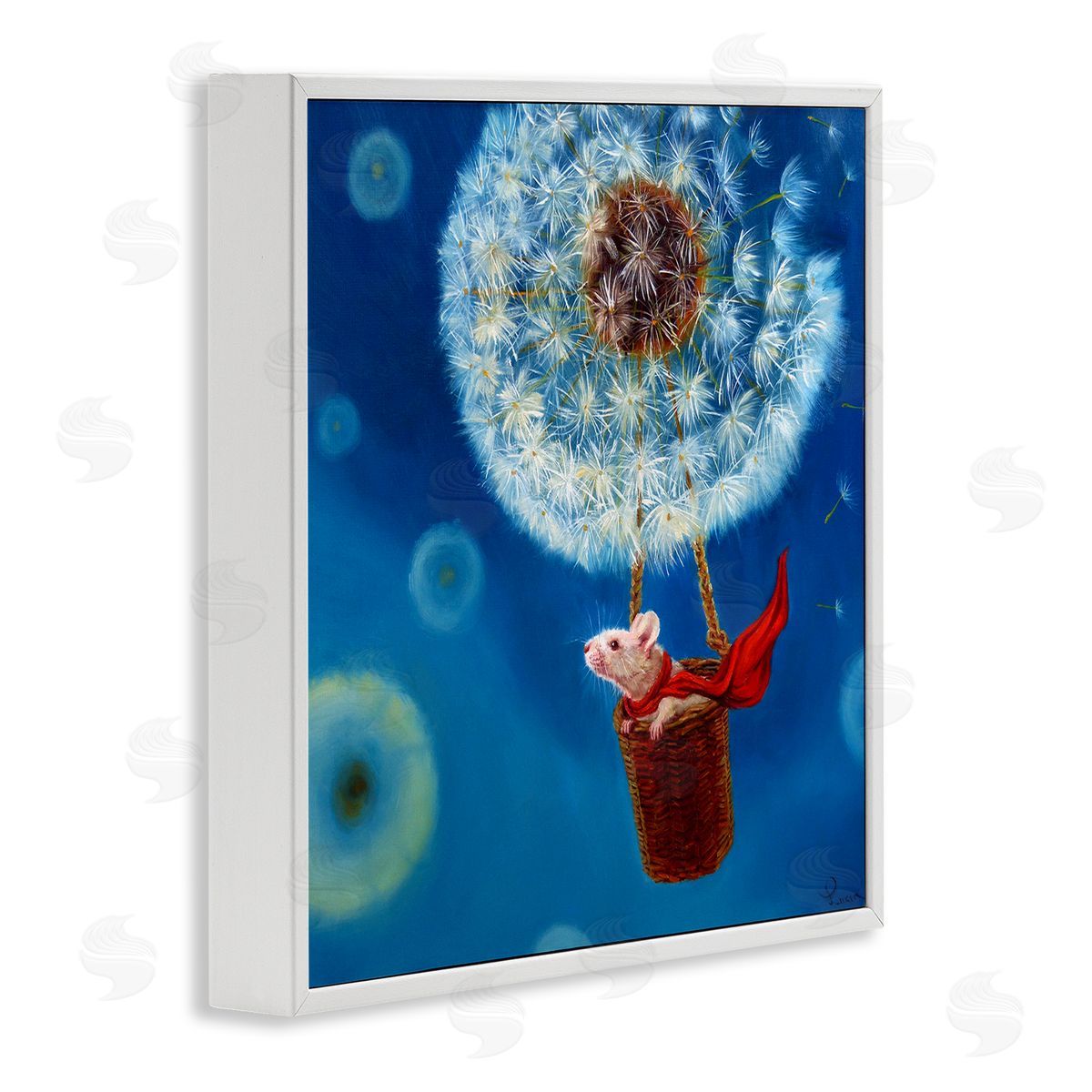 Dandelion Hot Air Balloon Mouse White Frame Print Wall Art, Home Decor by Lucia Heffernan