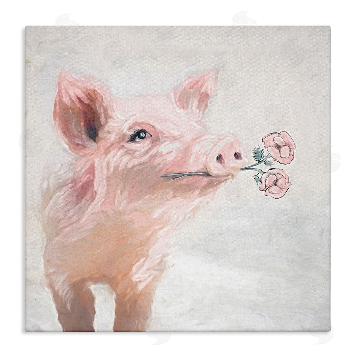White Ladder Lovely Pink Country Pig Flower Blossoms Painting Stretched Canvas Wall Art Print