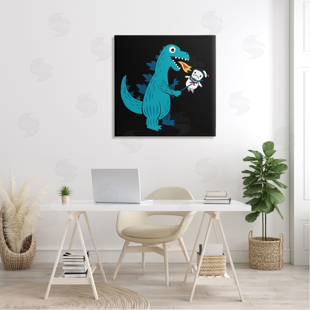 Michael Buxton Cartoon Dragon Breathing Fire Marshmallow Man  Canvas Wall Art in Room