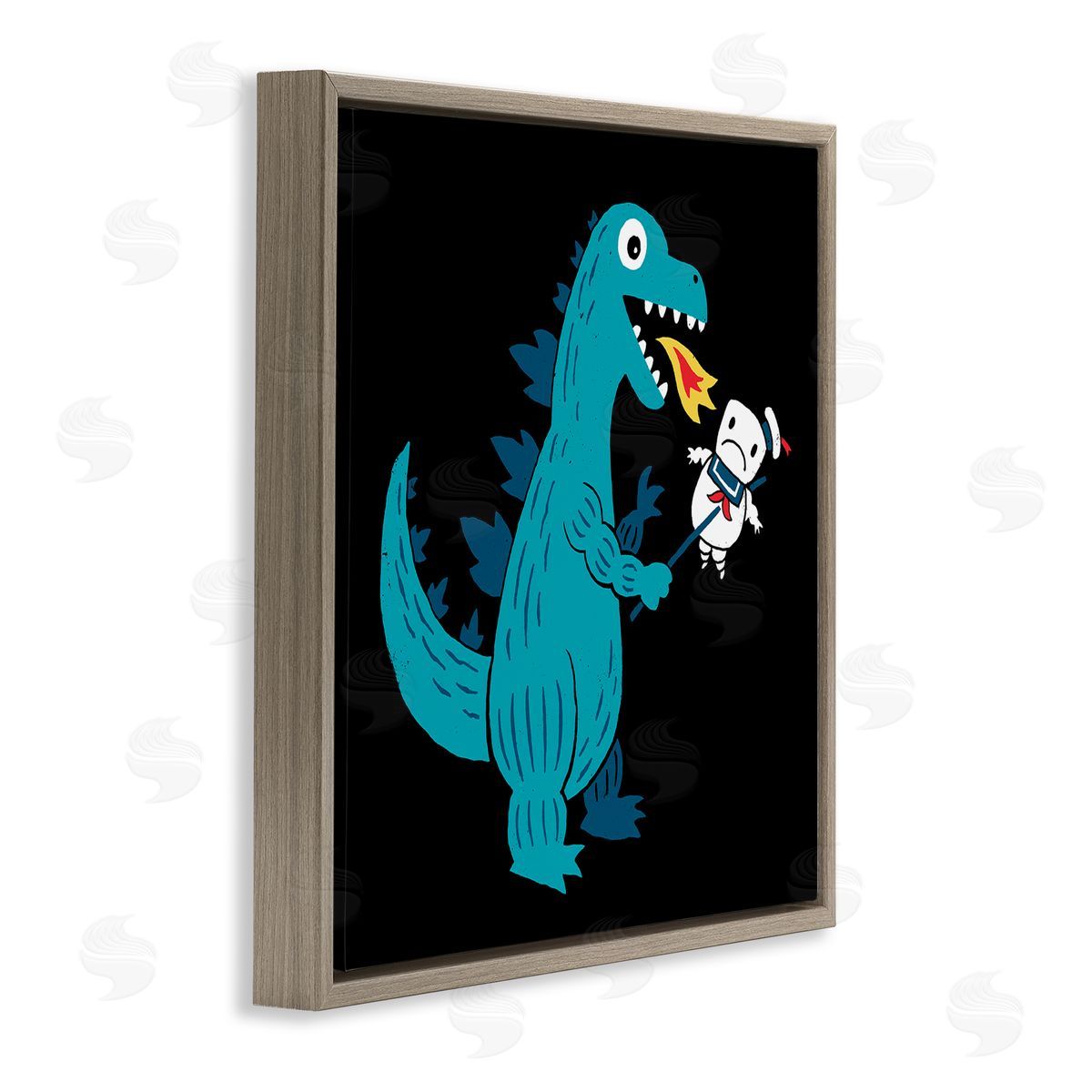 Michael Buxton Cartoon Dragon Breathing Fire Marshmallow Man  Brown Floating Frame Canvas Wall Art Print
