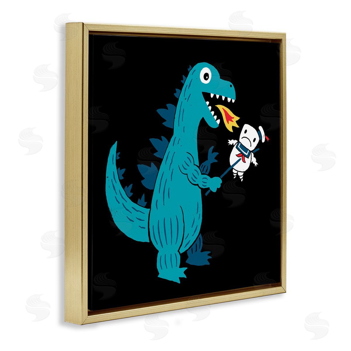 Michael Buxton Cartoon Dragon Breathing Fire Marshmallow Man  Gold Floating Frame Canvas Wall Art Print