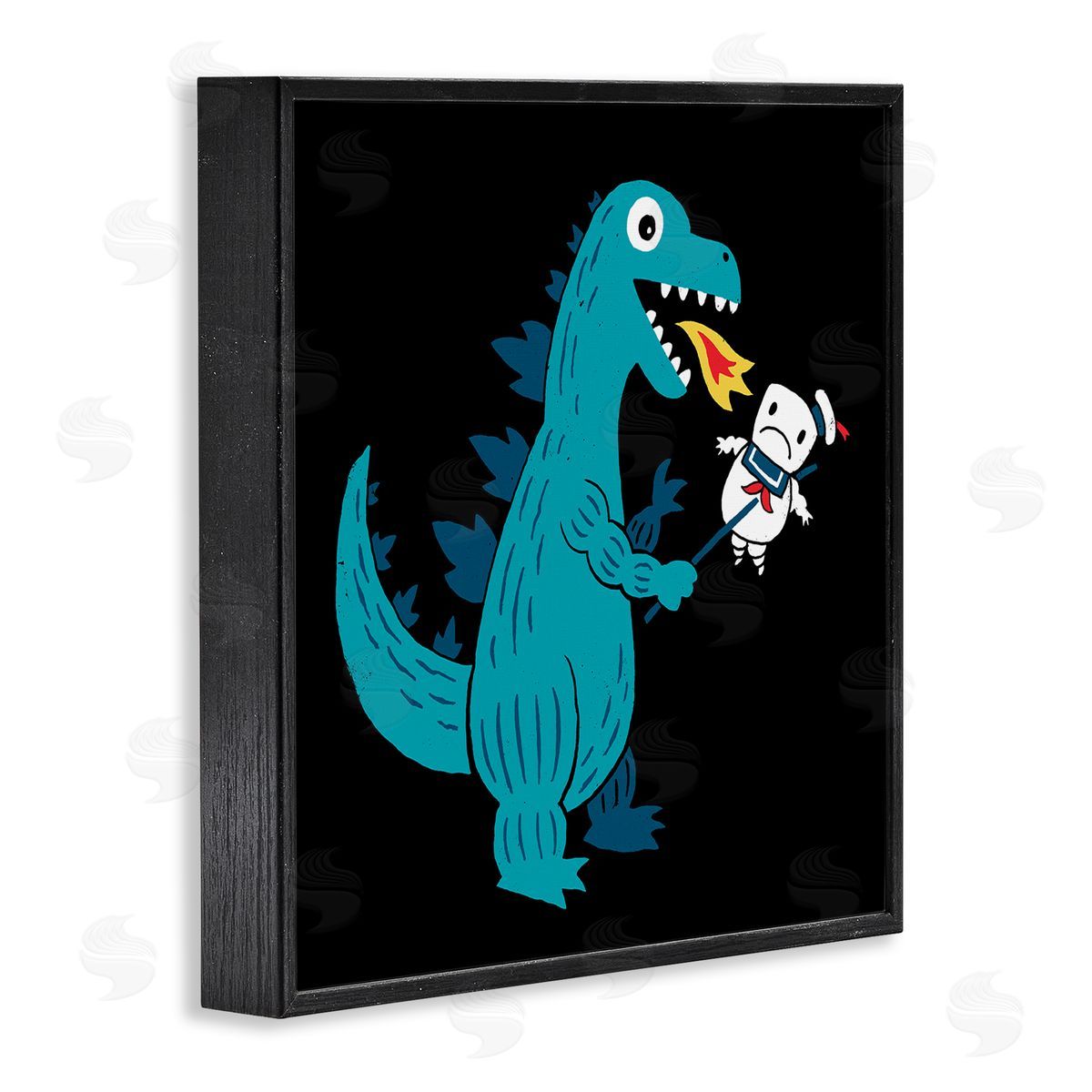 Michael Buxton Cartoon Dragon Breathing Fire Marshmallow Man  Black Framed Glicee Wall Art Print