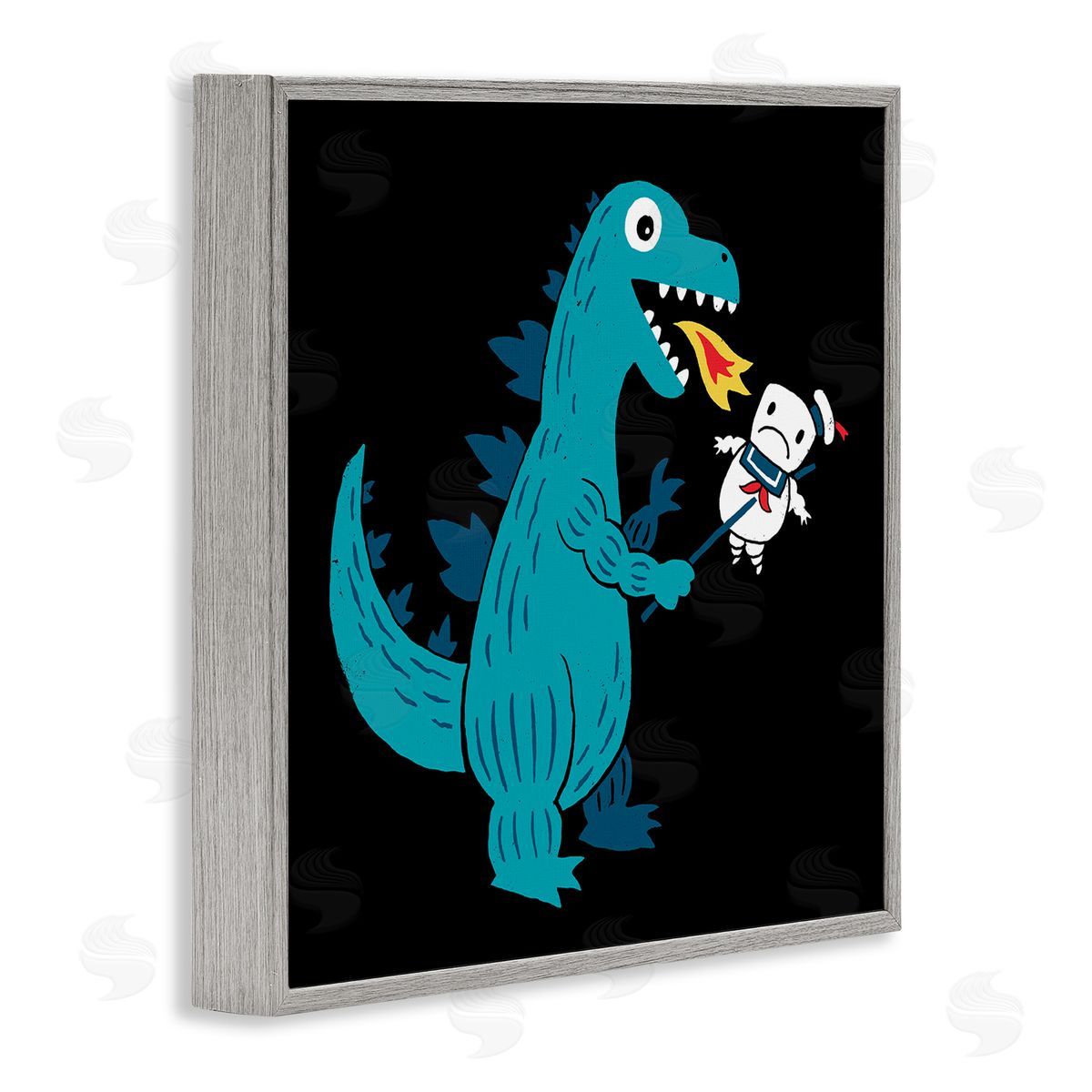 Michael Buxton Cartoon Dragon Breathing Fire Marshmallow Man  Gray Framed Glicee Wall Art Print