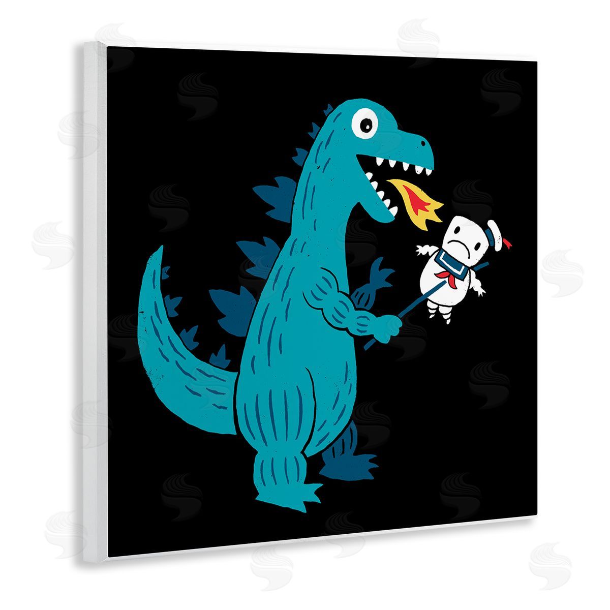 Michael Buxton Cartoon Dragon Breathing Fire Marshmallow Man  Wooden Wall Plaque Art Print