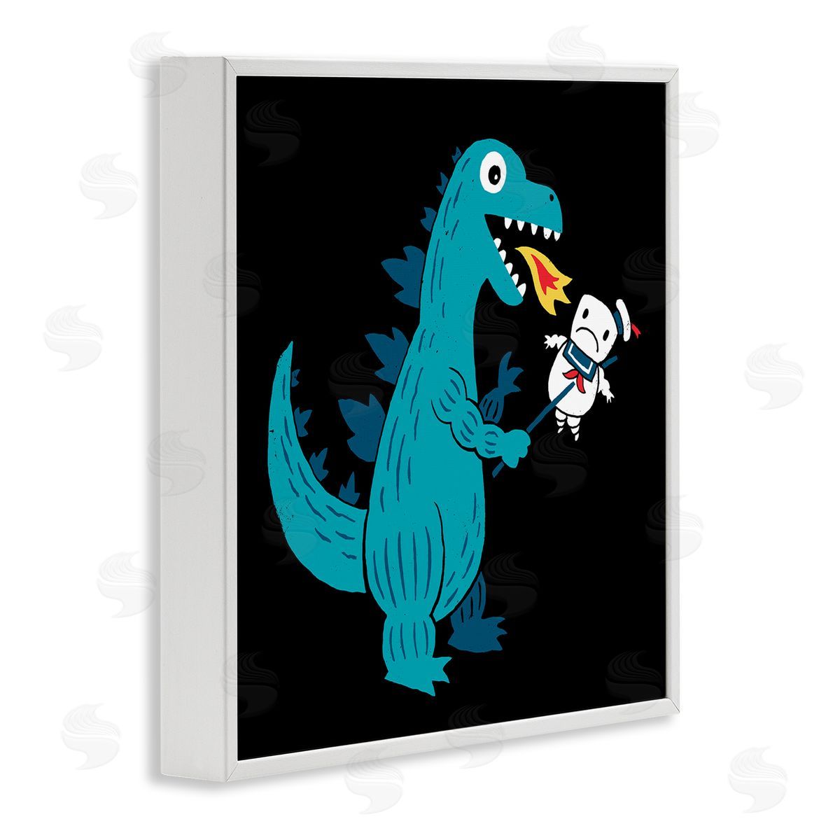 Michael Buxton Cartoon Dragon Breathing Fire Marshmallow Man  White Framed Glicee Wall Art Print