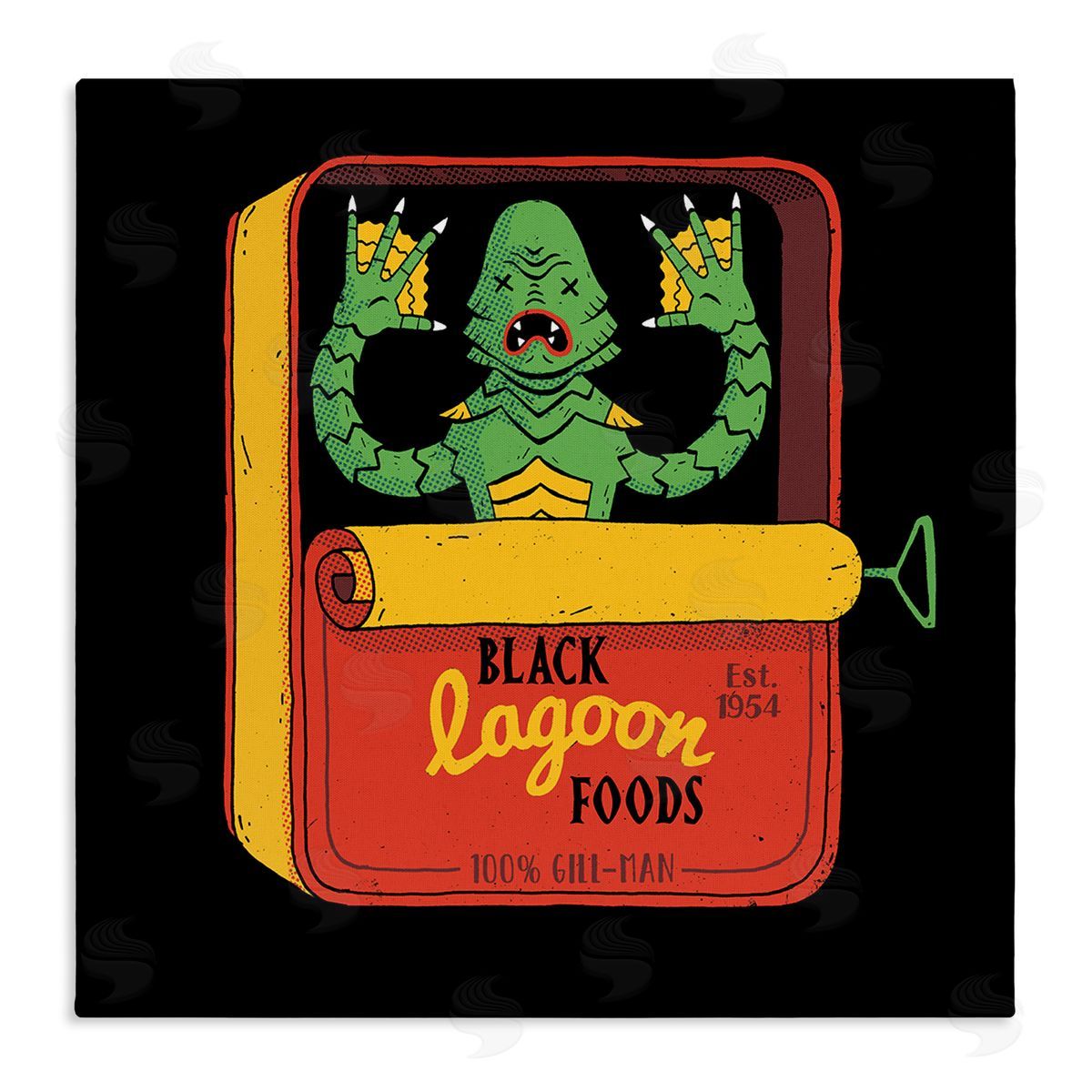 Michael Buxton Black Lagoon Creature Novelty Tuna Can Design  Stretched Canvas Wall Art Print