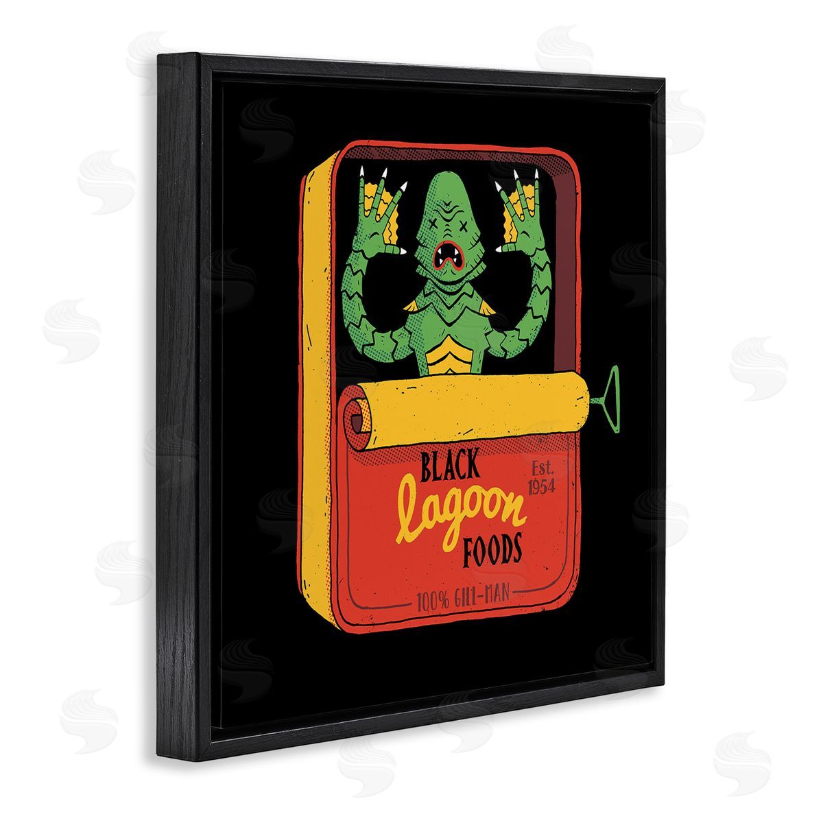 Michael Buxton Black Lagoon Creature Novelty Tuna Can Design Black Floating Frame Canvas Wall Art Print