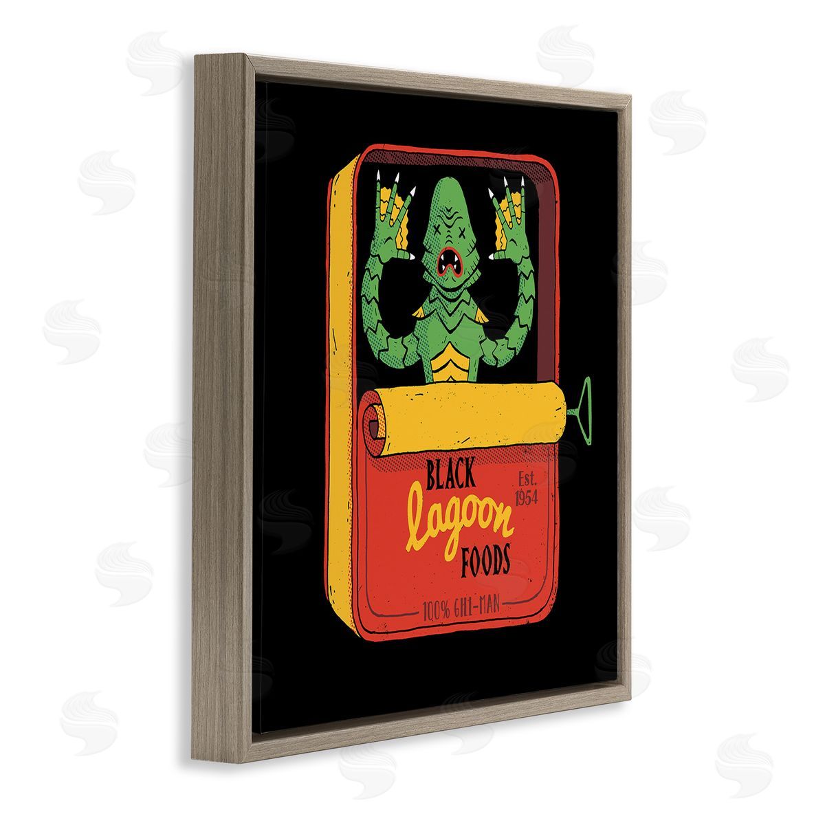 Michael Buxton Black Lagoon Creature Novelty Tuna Can Design Brown Floating Frame Canvas Wall Art Print