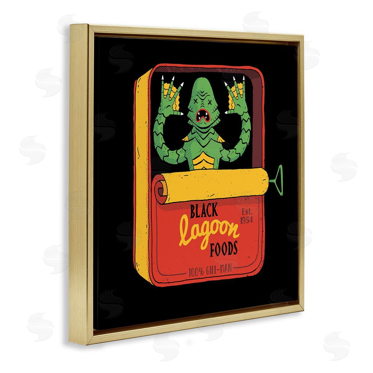Michael Buxton Black Lagoon Creature Novelty Tuna Can Design Gold Floating Frame Canvas Wall Art Print