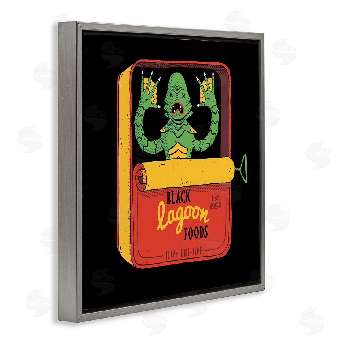 Michael Buxton Black Lagoon Creature Novelty Tuna Can Design Gray Floating Frame Canvas Wall Art Print