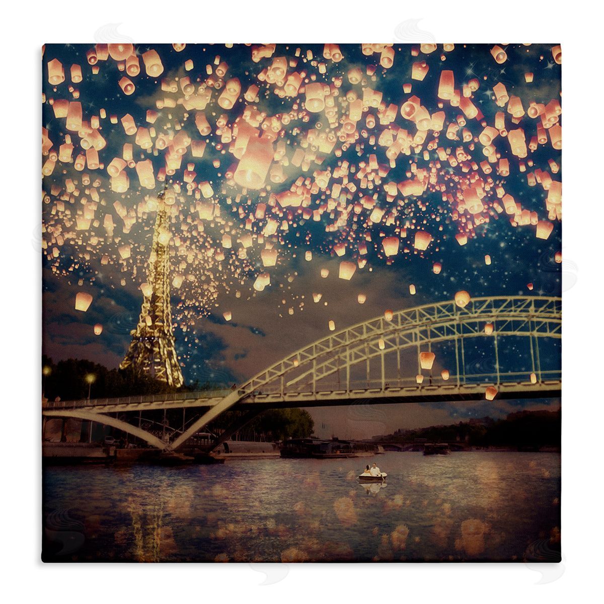 Paula Belle Flores Luminous Lanterns Parisian City Skyline Modern Bridge Stretched Canvas Wall Art Print