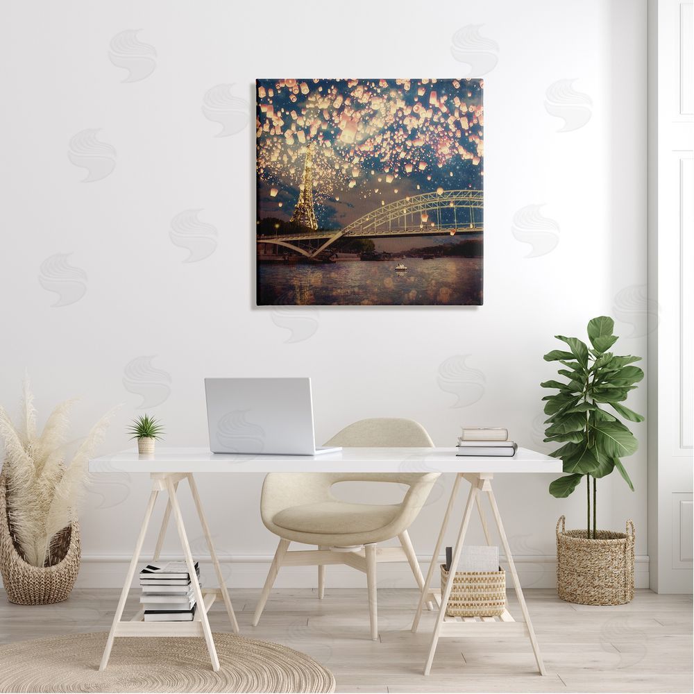 Paula Belle Flores Luminous Lanterns Parisian City Skyline Modern Bridge Canvas Wall Art in Room