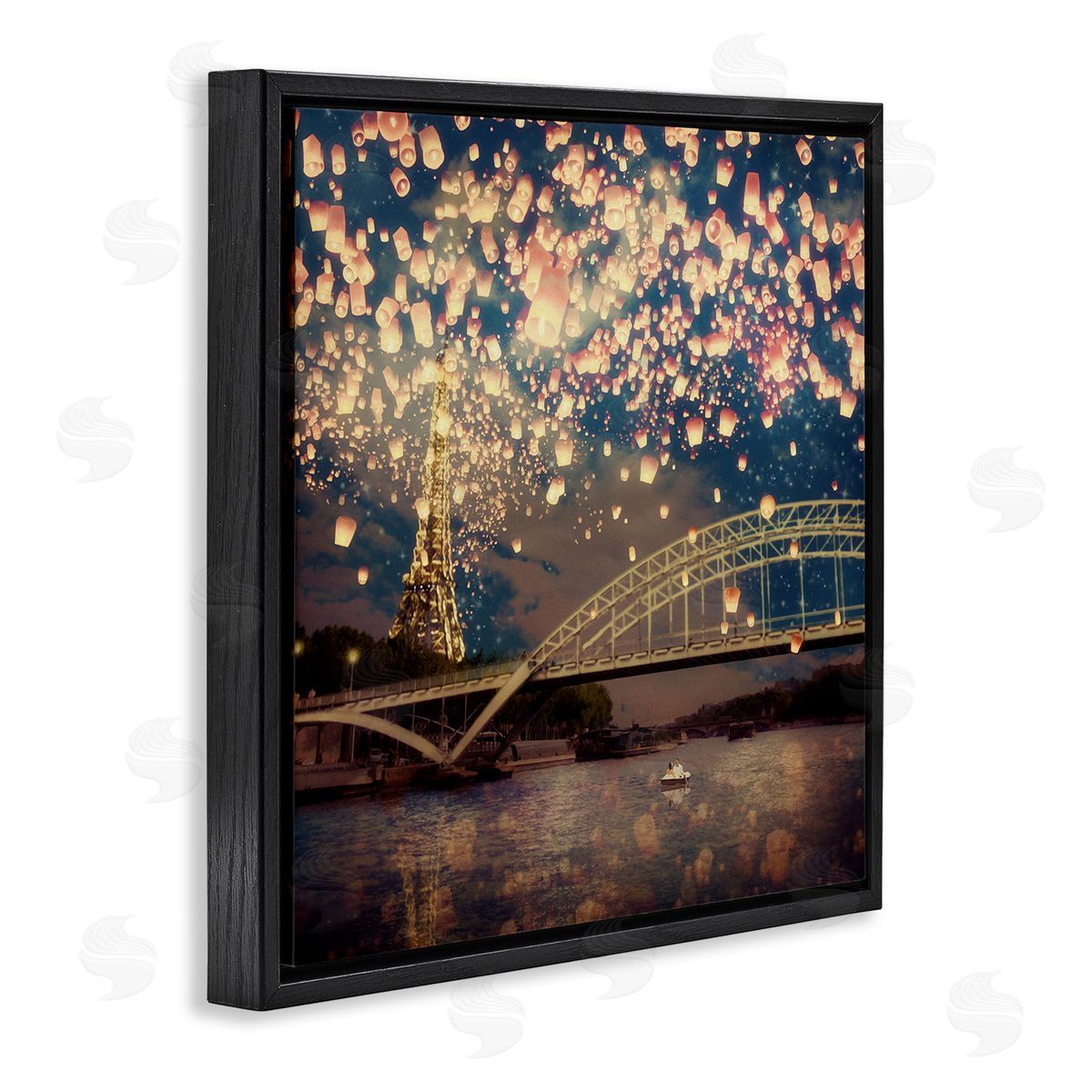Paula Belle Flores Luminous Lanterns Parisian City Skyline Modern Bridge Black Floating Frame Canvas Wall Art Print