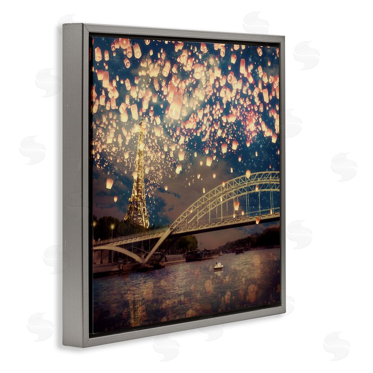 Paula Belle Flores Luminous Lanterns Parisian City Skyline Modern Bridge Gray Floating Frame Canvas Wall Art Print