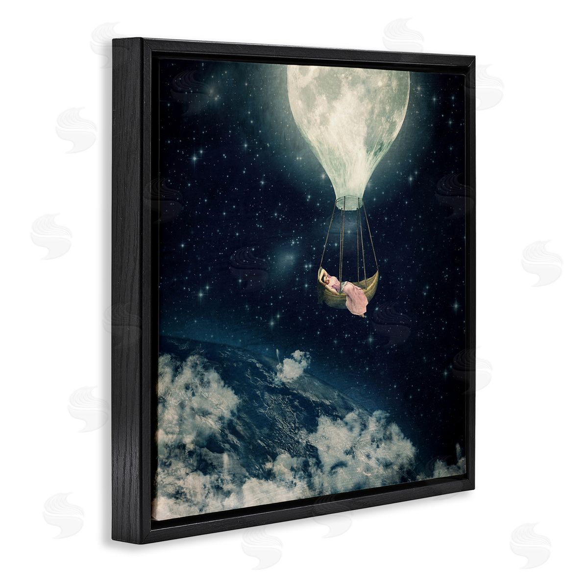 Paula Belle Flores Dreamlike Moon Balloon Galactic Outer Space Clouds  Black Floating Frame Canvas Wall Art Print