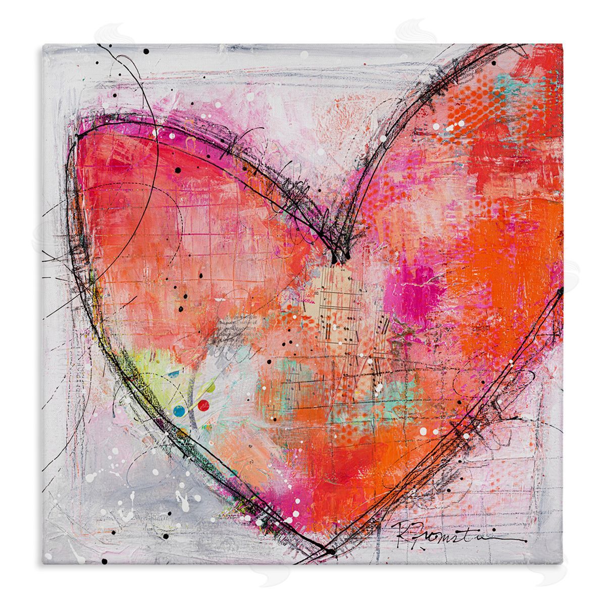 Ruth Fromstein Red Paint Splatter Heart Black Hatching Design Stretched Canvas Wall Art Print