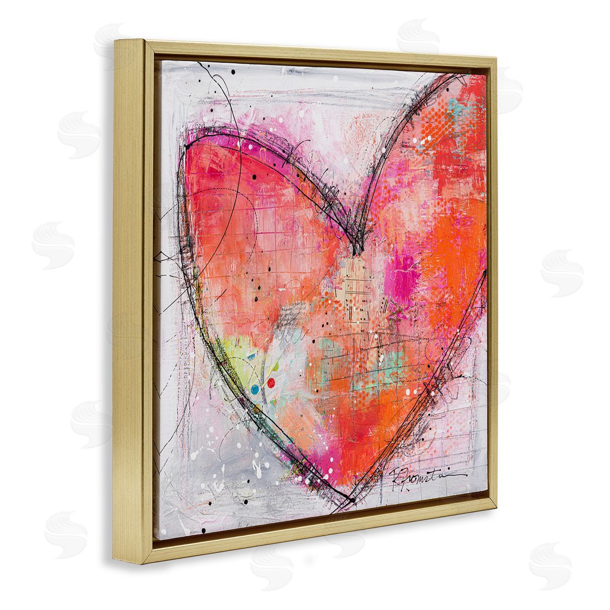 Ruth Fromstein Red Paint Splatter Heart Black Hatching Design Gold Floating Frame Canvas Wall Art Print
