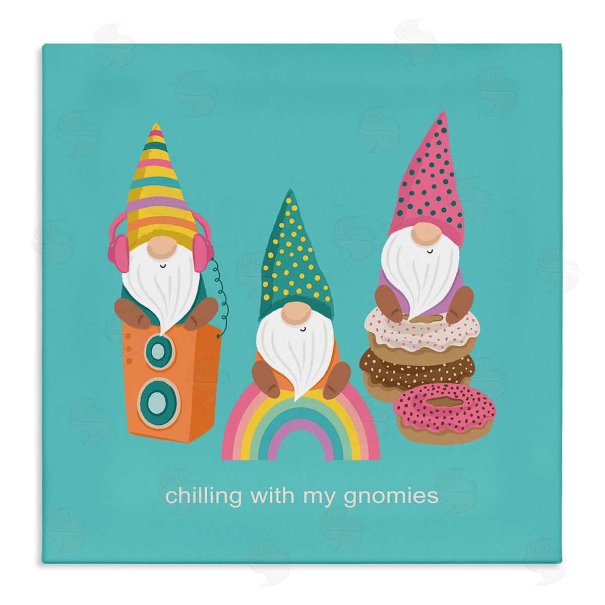 Lisa Perry Whitebutton Whimsical Chilling With Gnomies Phrase Patterned Teal Design Stretched Canvas Wall Art Print